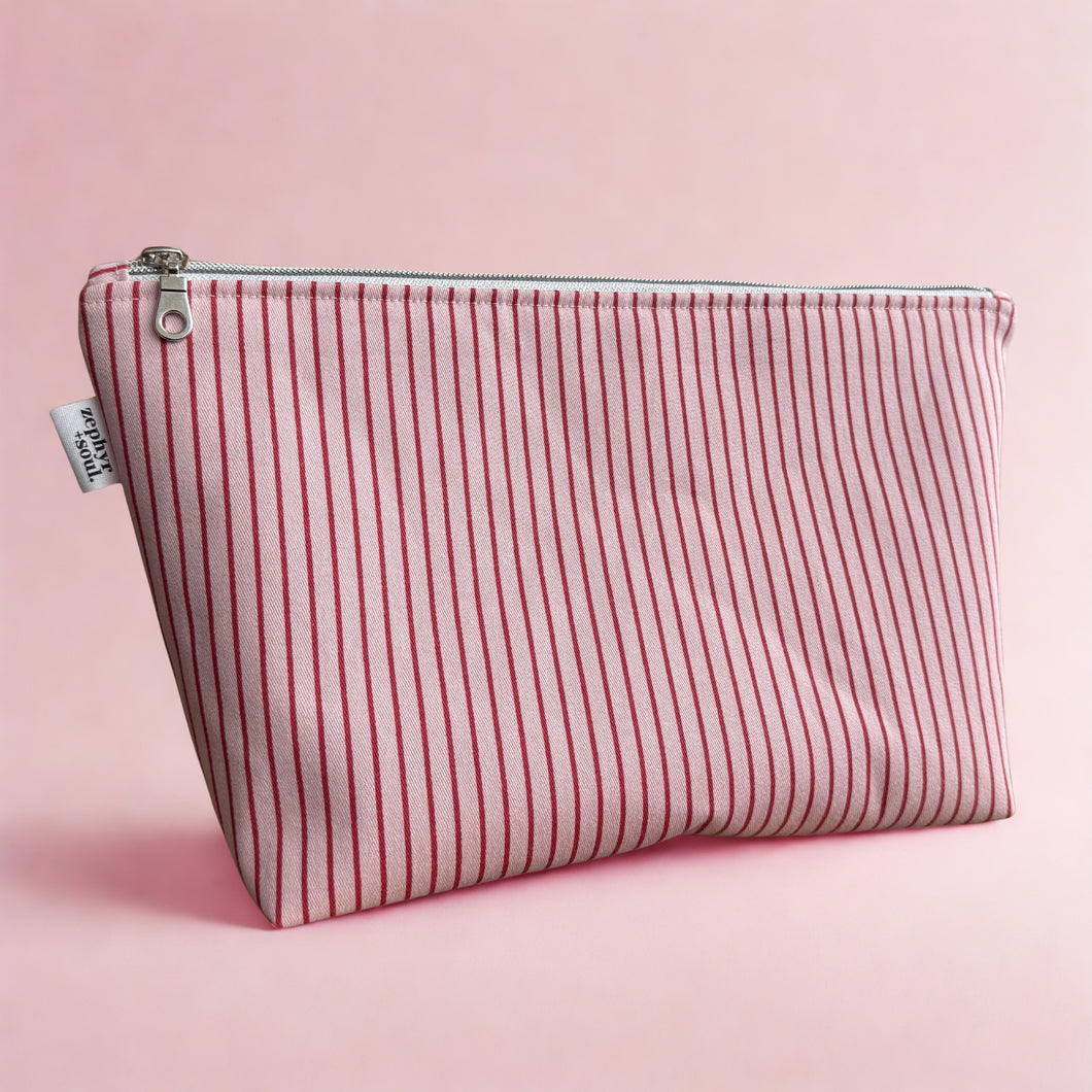 Pink + Red Stripes - Makeup Bag - Zipper Pouch