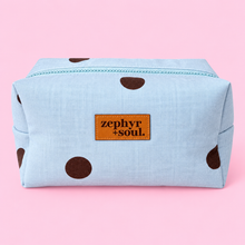 Load image into Gallery viewer, Blue + Chocolate Spots - Box Makeup Bag - Large
