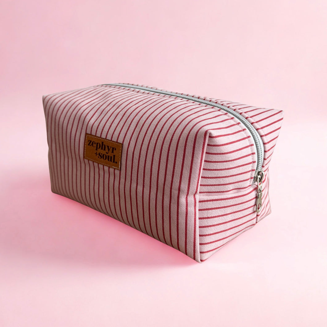Pink + Red Stripe - Box Makeup Bag - Large