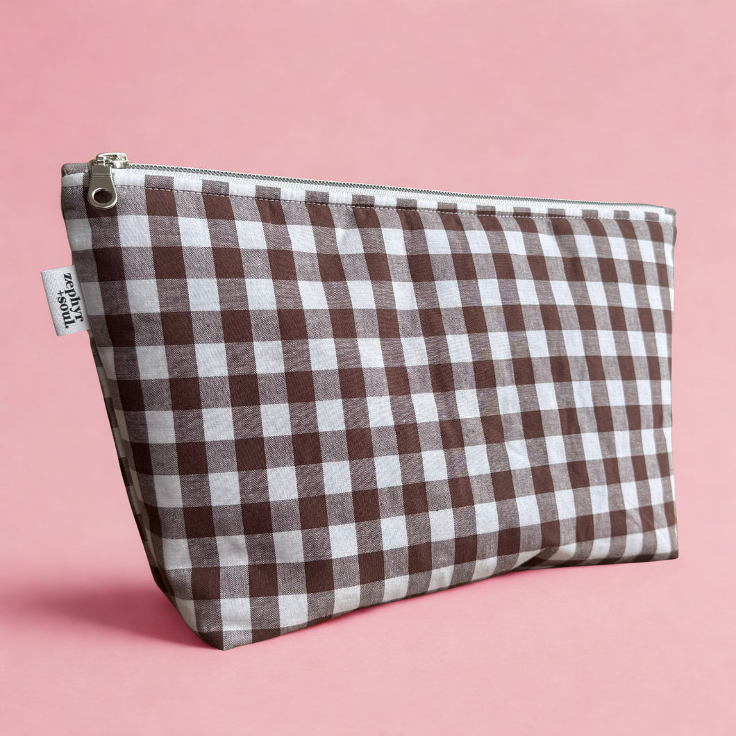Chocolate Gingham - Makeup Bag - Zipper Pouch