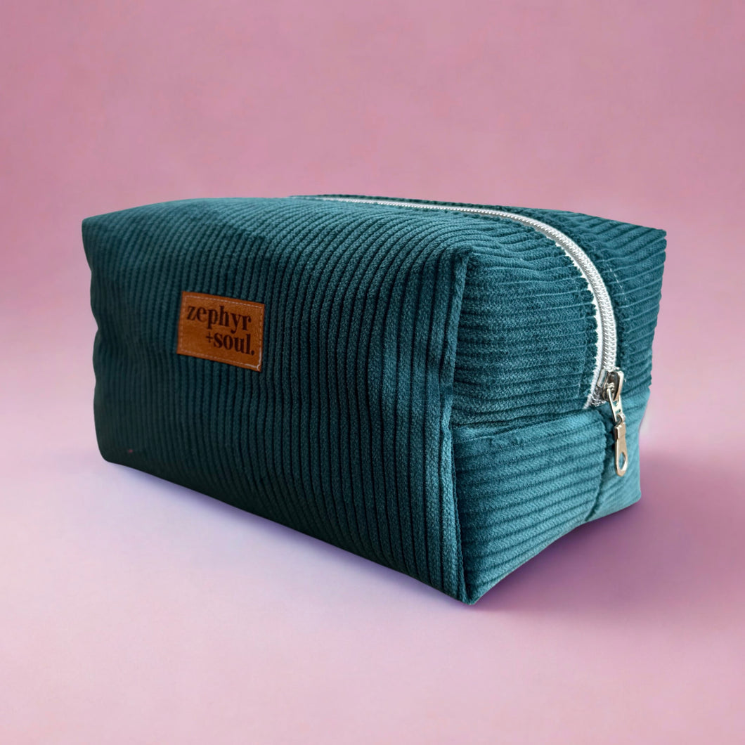 Deep Green Corduroy - Box Makeup Bag - Large