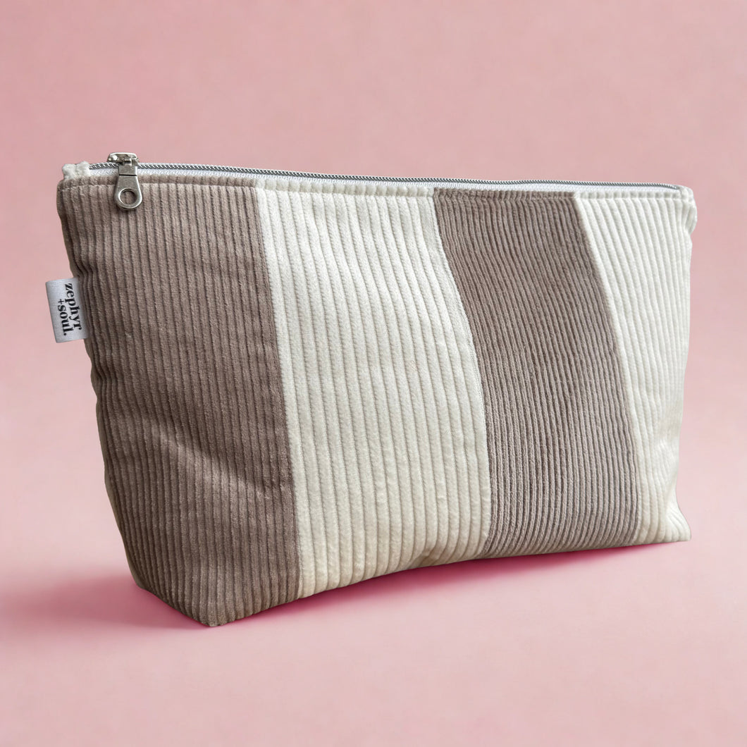 Taupe + Cream Stripe Corduroy - Makeup Bag - Zipper Pouch