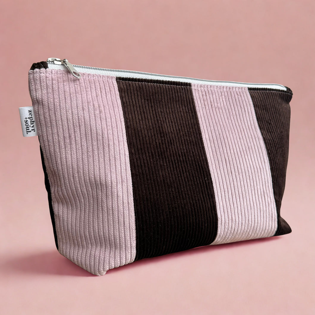Chocolate + Pink Stripe Corduroy - Makeup Bag - Zipper Pouch
