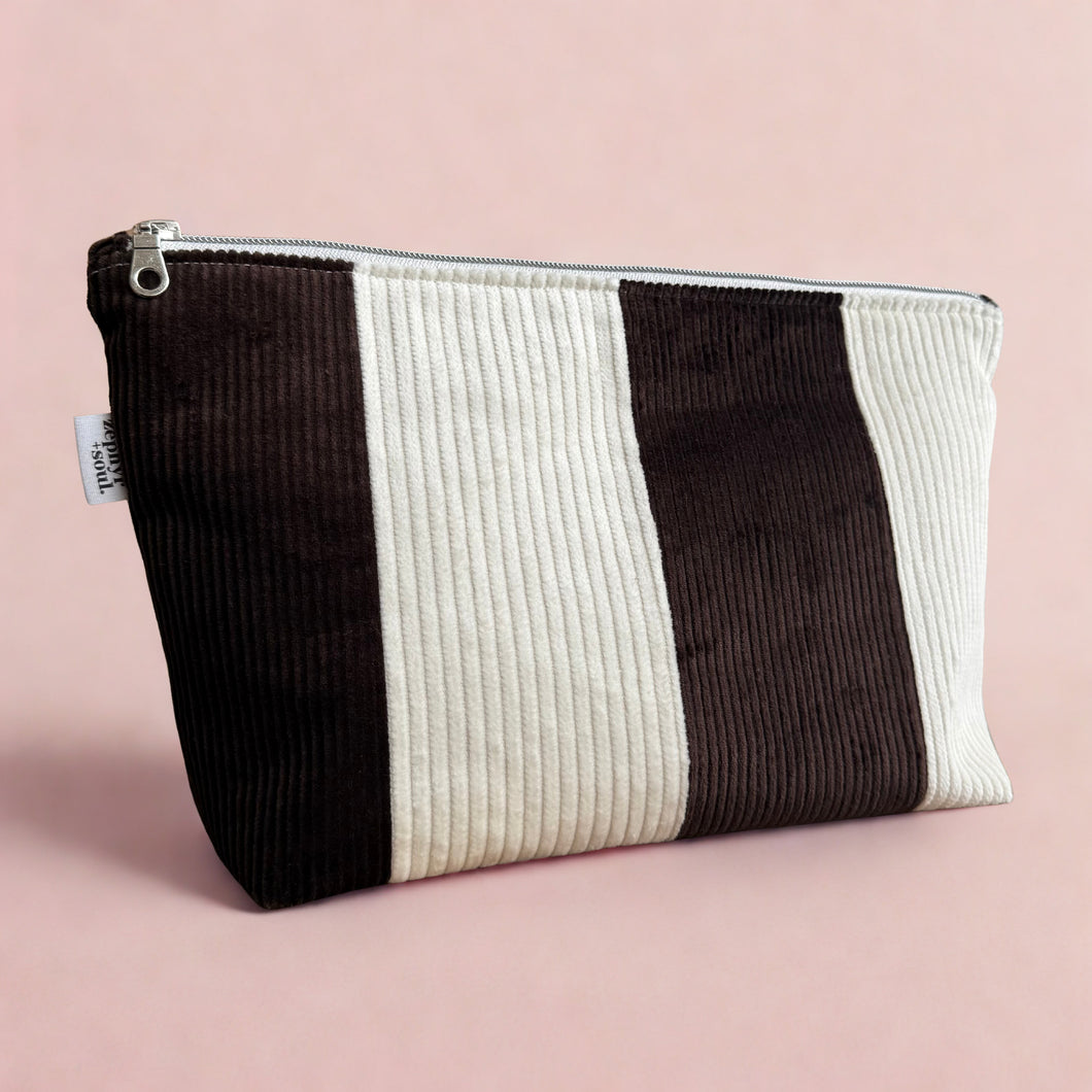 Chocolate + Cream Stripe Corduroy - Makeup Bag - Zipper Pouch