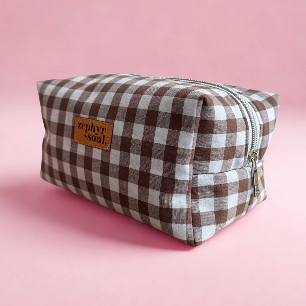 Chocolate Gingham - Box Makeup Bag - Large