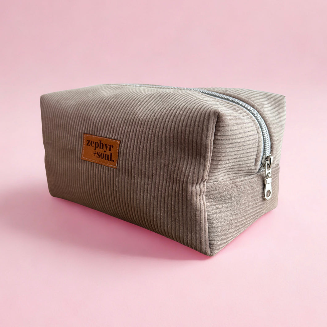 Taupe Corduroy - Box Makeup Bag - Large