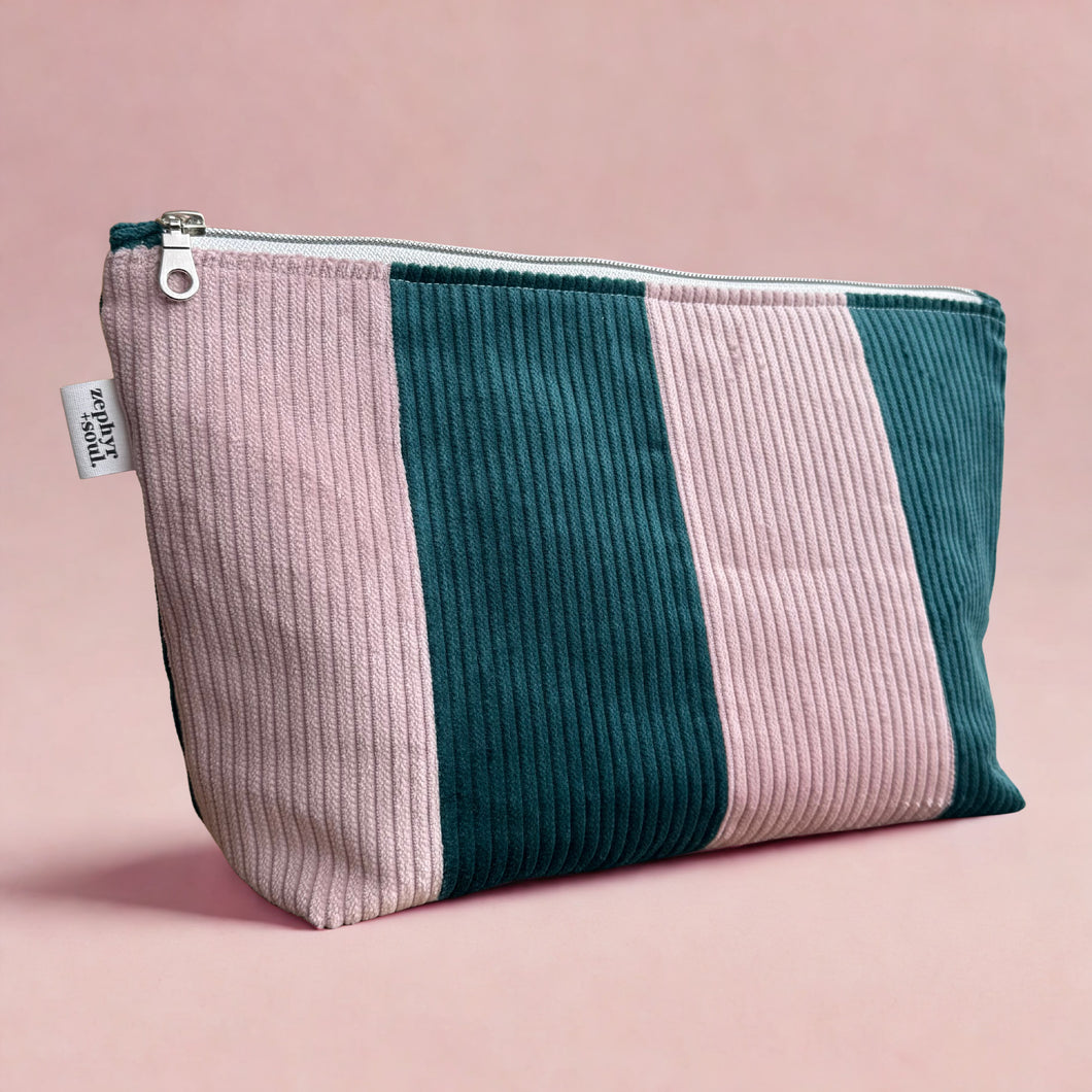 Deep Green + Pink Stripe Corduroy - Makeup Bag - Zipper Pouch